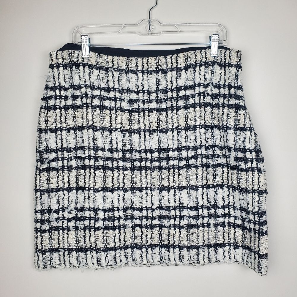 ST. JOHN Wool Cashmere Tweed A Line Skirt Eyelash Feather Mini Side Zip Plaid